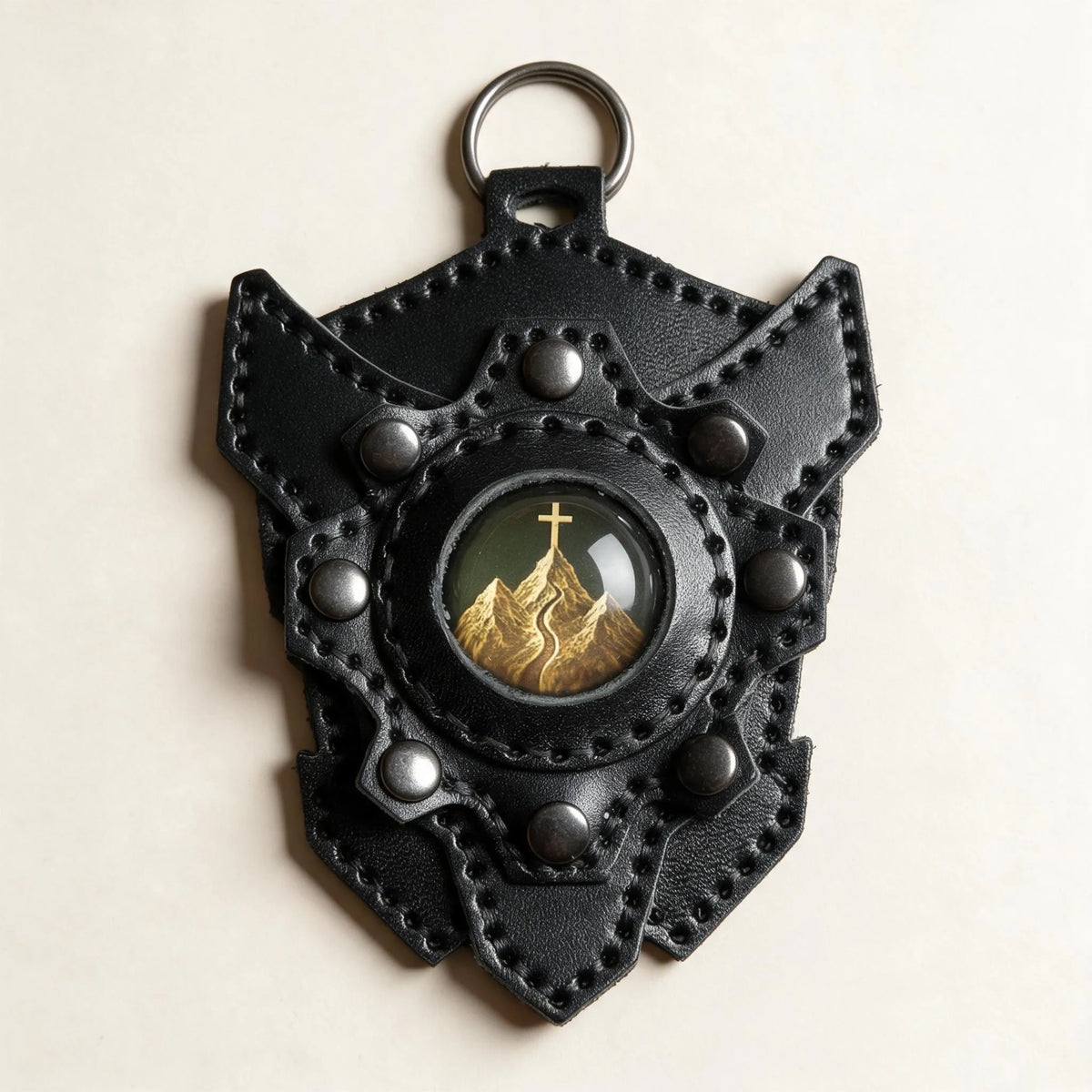 OROCUFF Mountain Cross leather shield luggage tag front view with complete attachment ring