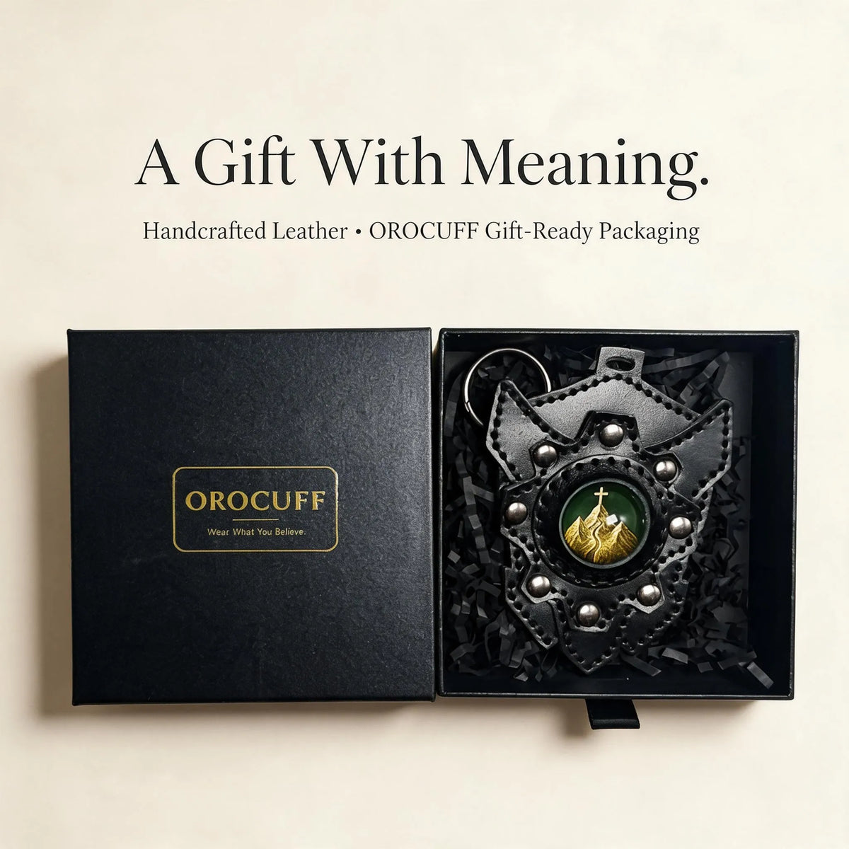 Mountain Cross luggage tag with its included OROCUFF gift box