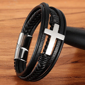 Men’s Inspirational Cross Leather Bracelet, Braided Genuine Leather, Meaningful Gift for Husband Dad Boyfriend