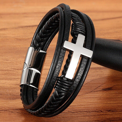 Men’s Inspirational Cross Leather Bracelet, Braided Genuine Leather, Meaningful Gift for Husband Dad Boyfriend