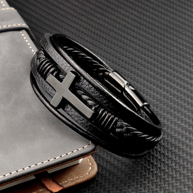 Men’s Inspirational Cross Leather Bracelet, Braided Genuine Leather, Meaningful Gift for Husband Dad Boyfriend